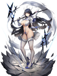 Rule 34 | 1girl, absurdres, armor, bakuzan, bikini armor, black hair, blue eyes, blue footwear, breasts, carrying over shoulder, closed mouth, covered erect nipples, crack, cracked floor, cross, electricity, eyelashes, fake horns, floating hair, front-seamed legwear, full body, gloves, groin, hand up, headgear, high heels, highres, holding, holding sword, holding weapon, horns, jinlin, junketsu, kamui (kill la kill), katana, kill la kill, kiryuuin satsuki, large breasts, light smile, long hair, looking at viewer, magical girl, navel, outstretched hand, revealing clothes, revision, seamed legwear, shards, shoulder armor, shrug (clothing), simple background, skin tight, smoke, solo, standing, stiletto heels, string, sword, thighhighs, very long hair, weapon, white background, white gloves, white thighhighs