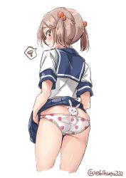 Rule 34 | 1girl, animal, animal in clothes, ass, between buttocks, blouse, blue sailor collar, blue skirt, butt crack, clothes lift, cowboy shot, ebifurya, embarrassed, food print, from below, frown, hair bobbles, hair ornament, highres, kantai collection, lifted by self, looking at viewer, looking back, panties, pink eyes, pink hair, pleated skirt, print panties, rabbit, sailor collar, sazanami (kancolle), school uniform, serafuku, shirt, short hair, simple background, skirt, skirt lift, spoken squiggle, squiggle, standing, strawberry panties, strawberry print, thighs, twintails, underwear, white background, white shirt