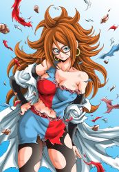 Rule 34 | 1girl, android 21, black-framed eyewear, black pantyhose, black sleeves, blue eyes, breasts, brown hair, checkered clothes, checkered dress, cleavage, commentary request, curly hair, detached sleeves, dirty, dragon ball, dragon ball fighterz, dress, earrings, glasses, hand on own hip, highres, hoop earrings, jewelry, lab coat, large breasts, long hair, looking at viewer, navel, pantyhose, sleeveless, sleeveless dress, solo, torn clothes, torn coat, torn dress, torn pantyhose, young jijii
