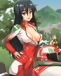 Rule 34 | 1girl, beer can, biker clothes, bikesuit, black hair, bodysuit, breasts, breasts apart, brown eyes, can, closed mouth, contrapposto, covered erect nipples, cowboy shot, day, drink can, golden boy, hair between eyes, hand on own hip, helmet, holding, holding can, long hair, long sleeves, looking at viewer, medium breasts, motor vehicle, motorcycle, motorcycle helmet, outdoors, photo-referenced, red bodysuit, seductive smile, smile, solo, standing, terayama reiko, unworn headwear, unworn helmet, unzipped, vins-mousseux, wet, wet hair