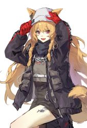 Rule 34 | 1girl, :d, absurdres, animal ears, arknights, black coat, black footwear, black scarf, black skirt, blonde hair, boots, braid, ceobe (arknights), ceobe (unfettered) (arknights), chain, coat, dog ears, dog girl, dog tail, dogdogbhh, ears through headwear, fang, gloves, high-waist skirt, highres, knee boots, leg up, long hair, long sleeves, looking at viewer, material growth, official alternate costume, open clothes, open coat, open mouth, oripathy lesion (arknights), red eyes, red gloves, scarf, simple background, skirt, smile, solo, standing, standing on one leg, tail, twin braids, very long hair, white background
