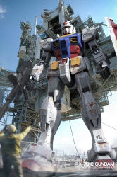 Rule 34 | 2boys, 3d, beam rifle, blue sky, blurry, blurry foreground, cable, character name, cloud, commentary, damaged, dirty, earth federation, energy gun, english commentary, english text, gloves, gundam, helmet, highres, jumpsuit, ladder, launch pad, machinery, mecha, michaellee4, mobile suit, mobile suit gundam, multiple boys, realistic, robot, roundel, rx-78-2, science fiction, shield, sky, vest, weapon