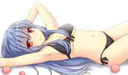 1girl alternate_breast_size alternate_costume armpits bikini black_bikini blue_hair breasts female_focus food front-tie_top fruit hinanawi_tenshi long_hair looking_at_viewer lying navel on_back peach red_eyes side-tie_bikini_bottom simple_background smile solo swimsuit tori_(minamopa) touhou underboob white_background