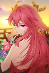 Rule 34 | 1girl, backless outfit, bare shoulders, closed mouth, commentary request, eyebrows hidden by hair, flower, from behind, gaoyang ou nisang, genshin impact, hair between eyes, highres, horns, long hair, looking at viewer, looking back, outdoors, purple eyes, red flower, red hair, smile, solo, sunset, upper body, very long hair, yae miko