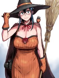 Rule 34 | 1girl, adjusting clothes, adjusting headwear, bird, blush, broom, camera, cape, character request, copyright request, dress, glasses, gloves, halloween costume, hat, highres, looking at viewer, orange dress, orange gloves, simple background, smile, solo, tsuda nanafushi, white background, witch, witch hat