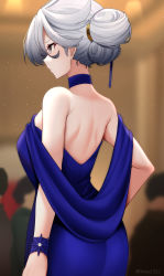 Rule 34 | 1girl, absurdres, ahoge, armpits, backless dress, backless outfit, bare shoulders, blue dress, blue wristband, closed mouth, dress, english text, from behind, grey eyes, grey hair, gundam, gundam suisei no majo, hair between eyes, hair bun, hair tie, highres, indoors, light particles, looking to the side, miorine rembran, nassss, profile, solo, taut clothes, taut dress, twitter username