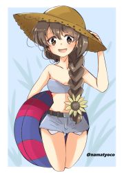 Rule 34 | 1girl, belt, bikini, bikini top only, black belt, black ribbon, braid, brown eyes, brown hair, brown hat, commentary request, cropped legs, flower, girls und panzer, grey bikini, grey shorts, hair flower, hair ornament, hair over shoulder, hair ribbon, hand on headwear, hat, highres, holding, holding swim ring, innertube, long hair, looking at viewer, micro shorts, namatyoco, navel, open mouth, partial commentary, ribbon, rukuriri (girls und panzer), shorts, single braid, smile, solo, standing, strapless, strapless bikini, straw hat, sun hat, swim ring, swimsuit, thigh gap, twintails, yellow flower