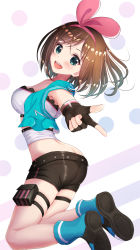 Rule 34 | 1girl, :d, arched back, ass, black footwear, black gloves, black shorts, blue jacket, blue socks, blush, breasts, brown hair, butt crack, commentary request, crop top, cropped jacket, fingerless gloves, gloves, green eyes, hair ribbon, head tilt, highres, jacket, kizuna ai, kizuna ai (a.i. games), kizuna ai inc., long hair, looking at viewer, looking to the side, medium breasts, mimikaki (men bow), multicolored hair, multicolored polka dots, official alternate costume, open clothes, open jacket, open mouth, outstretched arm, pink hair, pink ribbon, polka dot, polka dot background, ribbon, round teeth, sandals, shirt, shoe soles, short shorts, shorts, skindentation, sleeveless, sleeveless jacket, smile, socks, solo, streaked hair, teeth, thigh strap, upper teeth only, virtual youtuber, white background, white shirt