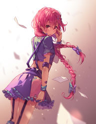 Rule 34 | 1girl, artist name, bandaged arm, bandages, bandaid, bandaid on face, blush, book, borrowed character, bow, braid, closed mouth, commission, elbow pads, frown, garter straps, gradient background, hair between eyes, hair bow, hair ornament, hairclip, hand in own hair, highres, holding, holding book, hyanna-natsu, long hair, looking at viewer, motion blur, nail polish, original, paper, pink nails, purple bow, purple shirt, purple skirt, shirt, short sleeves, skirt, solo, standing, suspender skirt, suspenders, twin braids, wristband