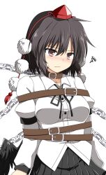 Rule 34 | 1girl, belt, belt collar, black hair, blush, bound, breasts, brown eyes, chain, collar, commentary request, hat, highres, long sleeves, neck ribbon, pleated skirt, pom pom (clothes), red hat, ribbon, rise (rise19851203), scribble, shameimaru aya, simple background, skirt, solo, tokin hat, touhou, white background, wings