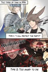 Rule 34 | 1girl, 3boys, animal ears, armor, au ra, breastplate, brown hair, cape, cat ears, coat, commentary, commission, comparison, dark knight (final fantasy), english commentary, english text, evil smile, facial mark, fangs, final fantasy, final fantasy xiv, gauntlets, gloves, glowing, glowing eyes, greatsword, green eyes, grey hair, gunblade, gunbreaker (final fantasy), highres, holding, holding shield, holding sword, holding weapon, horns, knight, laughing, miqo&#039;te, multiple boys, over shoulder, paladin (final fantasy), purple eyes, rabbit ears, red hair, scales, shield, short hair, smile, sword, sword over shoulder, velverava, viera, warrior (final fantasy), warrior of light (ff14), weapon, weapon over shoulder