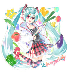 Rule 34 | 1girl, anniversary, apple, aqua hair, bell pepper, black shirt, black skirt, black thighhighs, character name, chili pepper, collarbone, commentary, corn, cutting, dated, eggplant, food, frilled skirt, frills, fruit, glasses, green pepper, hair ornament, hatsune miku, headphones, headset, heart, highres, holding, holding food, holding spring onion, holding tool, holding vegetable, hood, hooded jacket, improvised instrument, jacket, jewelry, jumping, kei (keigarou), legs up, long hair, looking at viewer, midair, miniskirt, natural (module), necklace, open mouth, pepper, plaid, plaid skirt, pleated skirt, project diva (series), red-framed eyewear, red eyes, red footwear, red skirt, red thighhighs, shirt, skirt, smile, solo, spring onion, star (symbol), striped clothes, striped thighhighs, teeth, thighhighs, tomato, twintails, unconventional guitar, upper teeth only, vegetable, very long hair, vocaloid, white background, white jacket