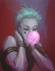 Rule 34 | 1boy, aqua hair, armband, blowing bubbles, chewing gum, facial mark, hands on own neck, hisoka (hunter x hunter), hunter x hunter, looking to the side, male focus, solo, squinting, star (symbol), synthesine, upper body, wrist cuffs