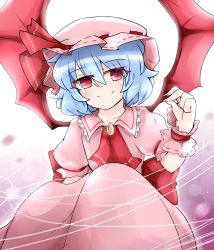 Rule 34 | 1girl, ascot, bat wings, blue hair, brooch, fingernails, gradient background, hand up, hat, hat ribbon, head tilt, highres, jewelry, light trail, long fingernails, looking at viewer, mob cap, nail polish, nobu baka, puffy short sleeves, puffy sleeves, red eyes, remilia scarlet, ribbon, short hair, short sleeves, skirt, skirt set, smile, solo, squatting, touhou, wings, wrist cuffs