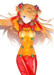 Rule 34 | 1girl, blue eyes, bodysuit, breasts, brown hair, closed mouth, cofffee, evangelion: 2.0 you can (not) advance, highres, interface headset, long hair, looking at viewer, medium breasts, multicolored bodysuit, multicolored clothes, neon genesis evangelion, orange bodysuit, pilot suit, plugsuit, rebuild of evangelion, red bodysuit, see-through, see-through bodysuit, simple background, skin tight, solo, souryuu asuka langley, test plugsuit, two-tone bodysuit, two side up, very long hair, white background, wide hips