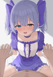 Rule 34 | 1boy, 1girl, blue bow, blue choker, blue dress, blue eyes, blue hair, blush, bow, choker, clothed sex, collarbone, commentary request, cowgirl position, dress, fat, fat man, girl on top, gloves, hair between eyes, hair bow, happy sex, hetero, highres, holding hands, implied sex, interlocked fingers, long hair, looking at viewer, motion lines, navel, nijisanji, nose blush, open mouth, petticoat, pov, puffy short sleeves, puffy sleeves, sex, short sleeves, smile, solo focus, spread legs, straddling, twintails, two-tone dress, virtual youtuber, white dress, white gloves, yukamikayu, yuuki chihiro, yuuki chihiro (1st costume)