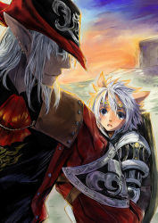 Rule 34 | 00s, 1boy, 1girl, animal ears, armor, ascot, cat ears, circlet, doraeshi, elf, elvaan, final fantasy, final fantasy xi, grey eyes, hat, height difference, highres, looking at another, looking back, mithra (ff11), paladin, paladin (final fantasy), pointy ears, red mage (final fantasy), shield, short hair, silver hair