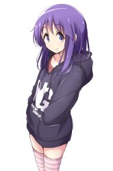 Rule 34 | 1girl, black hoodie, closed mouth, clothes writing, collarbone, commentary request, cowboy shot, flat chest, hands in pockets, hinata yukari, hood, hoodie, long hair, long sleeves, looking at viewer, mel (melty pot), parka, pink shirt, purple eyes, purple hair, shirt, simple background, smile, solo, standing, striped clothes, striped thighhighs, thighhighs, undershirt, white background, yuyushiki