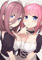 Rule 34 | 2girls, apron, black dress, blue eyes, blush, breasts, brown hair, cleavage, closed mouth, collar, commentary request, detached collar, dress, eyebrows hidden by hair, finger to mouth, go-toubun no hanayome, hair between eyes, hair ribbon, ichijou (kr neru0), large breasts, long hair, looking at viewer, looking to the side, maid, maid apron, maid headdress, medium breasts, medium hair, multiple girls, nakano miku, nakano nino, pink hair, puffy short sleeves, puffy sleeves, ribbon, short hair, short sleeves, siblings, sisters, smile, upper body
