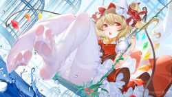 Rule 34 | 1girl, birdcage, blonde hair, blush, cage, chinese commentary, commentary request, feet, flandre scarlet, foot focus, foreshortening, full body, hat, highres, mob cap, no shoes, open mouth, pantyhose, red eyes, sitting, soles, solo, suaynnai wanzi, swing, touhou, water, white pantyhose, wings