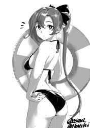 Rule 34 | 1girl, akigumo (kancolle), asava (hutaitenn), ass, bare arms, bare legs, bare shoulders, bikini, blush, closed mouth, cowboy shot, greyscale, hair between eyes, highres, innertube, kantai collection, looking at viewer, mole, mole under eye, monochrome, ponytail, simple background, solo, swim ring, swimsuit, twitter username, white background