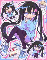 Rule 34 | 1girl, ahoge, black thighhighs, blue eyes, blue hair, blue hoodie, blush, candy, cellphone, chibi, commission, dark blue hair, doughnut, food, hair between eyes, hair ornament, hairclip, highres, hood, hoodie, knee up, long hair, looking at viewer, multiple views, open mouth, original, own hands together, phone, richard (richaball), shoes, sidelocks, simple background, sitting, skeb commission, smartphone, smile, sneakers, solo, thighhighs, twintails, very long hair