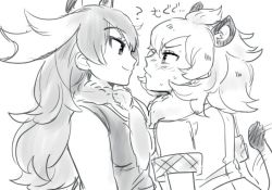 Rule 34 | 10s, 2girls, animal ears, antlers, blush, eye contact, greyscale, horns, kanimura ebio, kanimuraebio, kemono friends, lion (kemono friends), lion ears, lion tail, long hair, looking at another, monochrome, moose (kemono friends), moose ears, multiple girls, scarf, short sleeves, tail, translation request