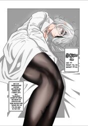 1girl bed breast_tattoo chest_tattoo closed_mouth coat crossed_legs disheveled eyebrows grey_background isshou_senkin long_sleeves looking_back lying official_art on_side patch ringed_eyes sakurai_an serious short_hair solo tattoo thighhighs white_background white_blanket white_coat white_hair