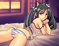 Rule 34 | 1girl, absurdres, animal ears, animal hands, arm support, ass, bed, blue stripes, blush, breasts, butt crack, cameltoe, cat ears, closed mouth, crotch, fake animal ears, francesca lucchini, gloves, green eyes, green hair, hair ribbon, highres, indoors, lingerie, long hair, looking at viewer, lying, negligee, no bra, on bed, on stomach, panties, paw gloves, ribbon, see-through, small breasts, solo, strike witches, striped clothes, striped panties, thighs, twintails, underwear, white stripes, window, world witches series