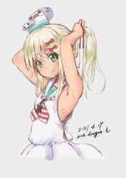 Rule 34 | 1girl, adjusting hair, armpits, arms behind head, arms up, blonde hair, blush, bow, commentary request, dated, dress, grecale (kancolle), green eyes, hair between eyes, hair bow, hair ornament, hair ribbon, hairdressing, highres, kantai collection, long hair, looking at viewer, ponytail, ribbon, sailor collar, sailor dress, sleeveless, sleeveless dress, smile, solo, tan, tetsuryuu, tying hair, white dress