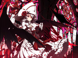 Rule 34 | 1girl, album cover, alternate costume, alternate headwear, bat wings, capelet, cover, curiosities of lotus asia, dress, flower, hand on own chest, hat, hat flower, hat ribbon, highres, long sleeves, red eyes, red rose, remilia scarlet, ribbon, rose, sash, silver hair, solo, spear the gungnir, stained glass, touhou, ugume, white dress, wings