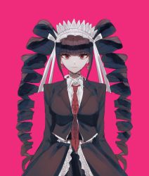 Rule 34 | 1girl, absurdres, black hair, black jacket, black skirt, blunt bangs, bonnet, celestia ludenberg, collared shirt, commentary request, cowboy shot, danganronpa: trigger happy havoc, danganronpa (series), drill hair, earrings, frills, gothic lolita, highres, jacket, jewelry, lolita fashion, long hair, long sleeves, looking at viewer, malpa (malpa v), necktie, pink background, print necktie, print neckwear, red eyes, red necktie, shirt, simple background, skirt, smile, solo, twin drills, twintails, white shirt