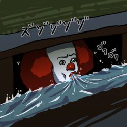 Rule 34 | 1boy, clown, clown nose, drinking, facepaint, grate, head only, it (stephen king), male focus, o imotarou, open mouth, outdoors, pennywise, red hair, red lips, sewer, sewer grate, solo, storm drain, water