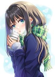 Rule 34 | 1girl, black hair, blue eyes, blue jacket, blunt bangs, blush, breath, coffee, cup, ear piercing, enpera, green eyes, green scarf, highres, holding, holding cup, idolmaster, idolmaster cinderella girls, jacket, long hair, looking at viewer, open mouth, piercing, scarf, shibuya rin, simple background, sleeves past wrists, solo, tazu, upper body, white background