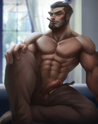 Rule 34 | 1boy, abs, absurdres, arm hair, bara, beard, blurry, blurry background, brown hair, chest hair, cigar, dark-skinned male, dark skin, erection, facial hair, foot out of frame, foreskin, forked eyebrows, gazef stronoff, hair slicked back, hairy, highres, knee up, looking at viewer, male focus, male pubic hair, mature male, military, military uniform, muscular, muscular male, navel, navel hair, nipples, official alternate costume, open fly, overlord (maruyama), pectorals, penis, pubic hair, short hair, sitting, smoking, solo, stomach, thick eyebrows, topless male, uncensored, uniform, uu (pixiv11319066), window