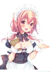 Rule 34 | 1girl, :d, absurdres, apron, artist name, black bow, black bowtie, black dress, blush, bow, bowtie, breasts, brown eyes, brown hair, choker, cleavage, dress, eyes visible through hair, frilled apron, frills, hair between eyes, hair ornament, highres, hinako note, holding, long hair, looking at viewer, maid, maid headdress, march-bunny, medium breasts, menu board, open mouth, page number, sakuragi hinako, shiny skin, short sleeves, smile, solo, standing, waist apron, white apron, white background, wrist cuffs