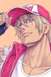 Rule 34 | 1boy, adjusting clothes, adjusting headwear, aoki masahiko, arm up, baseball cap, black gloves, blonde hair, blue eyes, closed mouth, collarbone, commentary, covered collarbone, fatal fury, fingerless gloves, fingernails, gloves, hair between eyes, hat, highres, looking at viewer, male focus, orange background, portrait, red hat, red vest, simple background, sleeveless, solo, tank top, terry bogard, the king of fighters, vest, white tank top