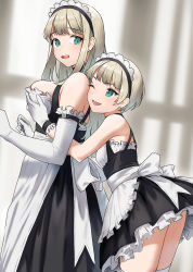 Rule 34 | 2girls, apron, bare shoulders, blonde hair, breasts, doushimasho, dress, elbow gloves, frilled apron, frilled gloves, frills, from side, gloves, grabbing, grabbing another&#039;s breast, grabbing from behind, green eyes, groping, height difference, highres, large breasts, long dress, long hair, looking at another, looking back, maid, maid apron, maid headdress, mole, mole under eye, multiple girls, open mouth, original, short dress, short hair, small breasts, smile, thighhighs, thighs, underbust, waist apron, white apron, white gloves, white thighhighs
