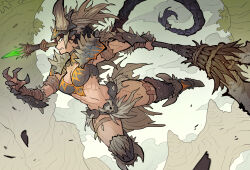 Rule 34 | 1girl, abs, armor, bikini armor, bone, boots, braid, braided ponytail, breasts, brown hair, claws, clenched teeth, cloud, commentary, english commentary, green eyes, highres, holding, holding weapon, horns, insect glaive, jumping, large breasts, long hair, looking to the side, monster hunter, monster hunter: world, monster hunter (series), nergigante (armor), shoulder armor, solo, taojinn015, teeth, thighs, toned, vambraces, very long hair, weapon