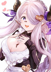 Rule 34 | 1girl, :d, apron, blue eyes, braid, breast suppress, breasts, bright pupils, chocolate, chocolate on body, chocolate on breasts, chocolate on face, cleavage, cleavage cutout, clothing cutout, commentary request, draph, food, food on body, food on face, granblue fantasy, hair ornament, hair over one eye, heart, heart cutout, heart hair ornament, horn ornament, horn ribbon, horns, large breasts, long hair, meme attire, narmaya (granblue fantasy), narmaya (valentine) (granblue fantasy), open-chest sweater, open mouth, pink hair, pointy ears, ribbed sweater, ribbon, sleeves past wrists, smile, solo, sweater, umou (user xxhp7583), upper body, very long hair, white background