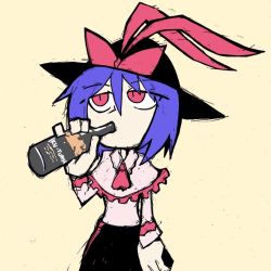 Rule 34 | 1girl, alcohol, ascot, beer, bow, capelet, drinking, hat, nagae iku, name connection, product placement, purple hair, red eyes, setz, simple background, sketch, skirt, solo, touhou, yellow background