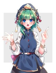 Rule 34 | 1girl, asymmetrical hair, bad id, bad twitter id, belt, black skirt, blue eyes, blue hat, blue shirt, bow, bracelet, commentary, green hair, grey background, hands up, hat, hat bow, highres, index finger raised, jewelry, looking at viewer, mappe (778exceed), open mouth, red bow, shiki eiki, shirt, short hair with long locks, skirt, solo, touhou, upper body, white background, white bow, white shirt