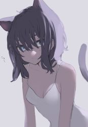 Rule 34 | 1girl, animal ears, blue eyes, breasts, cat ears, cat tail, cleavage, closed mouth, dot nose, dress, highres, leaning forward, looking at viewer, medium hair, migihidari (puwako), original, purple hair, simple background, small breasts, solo, sundress, tail, tail raised, upper body, white background, white dress