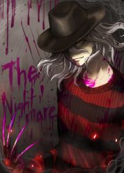 Rule 34 | 1boy, a nightmare on elm street, black hat, black sweater, blood, blood on clothes, blood on face, brown eyes, character name, claws, commentary request, cosplay, danganronpa (series), danganronpa 2: goodbye despair, dead by daylight, doggye (zginrwsn), freddy krueger, freddy krueger (cosplay), gloves, hair between eyes, hat, highres, long sleeves, looking at viewer, male focus, medium hair, pink blood, red sweater, single glove, solo, striped clothes, striped sweater, sweater