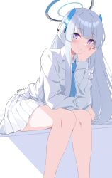 Rule 34 | 1girl, arm support, bent over, blue archive, blue necktie, blunt bangs, collared shirt, halo, headgear, highres, knees together feet apart, long hair, long sleeves, looking at viewer, necktie, noa (blue archive), pleated skirt, purple eyes, reia 76, school uniform, shirt, sidelocks, simple background, sitting, skirt, smile, solo, white background, white hair, white shirt, white skirt