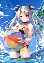 Rule 34 | 1girl, antenna hair, as4gi, azur lane, ball, bare arms, bare shoulders, beachball, bikini, bird, black bikini, black choker, black ribbon, blush, breast press, breasts, brown eyes, choker, cleavage, closed mouth, cloud, commentary request, cowboy shot, day, flag print, german flag, german flag bikini, hair ribbon, highres, holding, holding ball, large breasts, light rays, long hair, looking at viewer, multicolored hair, ocean, outdoors, palm tree, prinz eugen (azur lane), prinz eugen (unfading smile) (azur lane), red hair, ribbon, side-tie bikini bottom, silver hair, smile, solo, streaked hair, sunbeam, sunlight, swept bangs, swimsuit, transparent, tree, two side up, very long hair, water