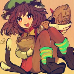 Rule 34 | 1girl, :d, animal ear fluff, animal ears, bow, bowtie, brown background, brown hair, brown pantyhose, cat ears, cat tail, chen, dress, earrings, fish, food, food on face, gold trim, hat, jewelry, knees together feet apart, knees up, looking at viewer, maaru (akira428), mob cap, multiple tails, nekomata, one-hour drawing challenge, open mouth, pantyhose, red dress, red eyes, short hair, simple background, single earring, smile, solo, tail, touhou, two tails, yellow bow, yellow bowtie