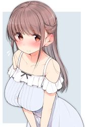 Rule 34 | 1girl, 3:, bare arms, bare shoulders, black ribbon, blush, breasts, brown eyes, brown hair, buttons, closed mouth, collarbone, cowboy shot, dress, ear blush, flying sweatdrops, half updo, large breasts, leaning forward, long hair, looking at viewer, mole, mole on body, nekoume, original, outside border, partially unbuttoned, popped button, ribbon, sidelocks, sleeveless, sleeveless dress, smile, solo, standing, tareme, v arms, white dress