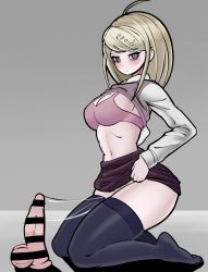 Rule 34 | 1girl, after masturbation, ahoge, akamatsu kaede, bar censor, black thighhighs, blonde hair, blush, bra, breasts, censored, clothes lift, danganronpa (series), danganronpa v3: killing harmony, dildo, feet, fortissimo, full body, grey background, hair ornament, highres, kneeling, lifting own clothes, long hair, looking at viewer, looking to the side, medium hair, musical note, musical note hair ornament, navel, pink bra, pink eyes, purple skirt, pussy juice, pussy juice trail, sex toy, shirt, shirt lift, simple background, skindentation, skirt, skirt lift, solo, thighhighs, thighs, trizzz, underwear