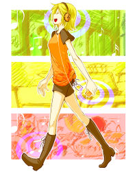 Rule 34 | 1girl, bad id, bad pixiv id, blonde hair, boots, closed eyes, female focus, full body, headphones, highres, kagamine rin, music, musical note, open mouth, rioko, short hair, shorts, singing, smile, solo, vocaloid, walking